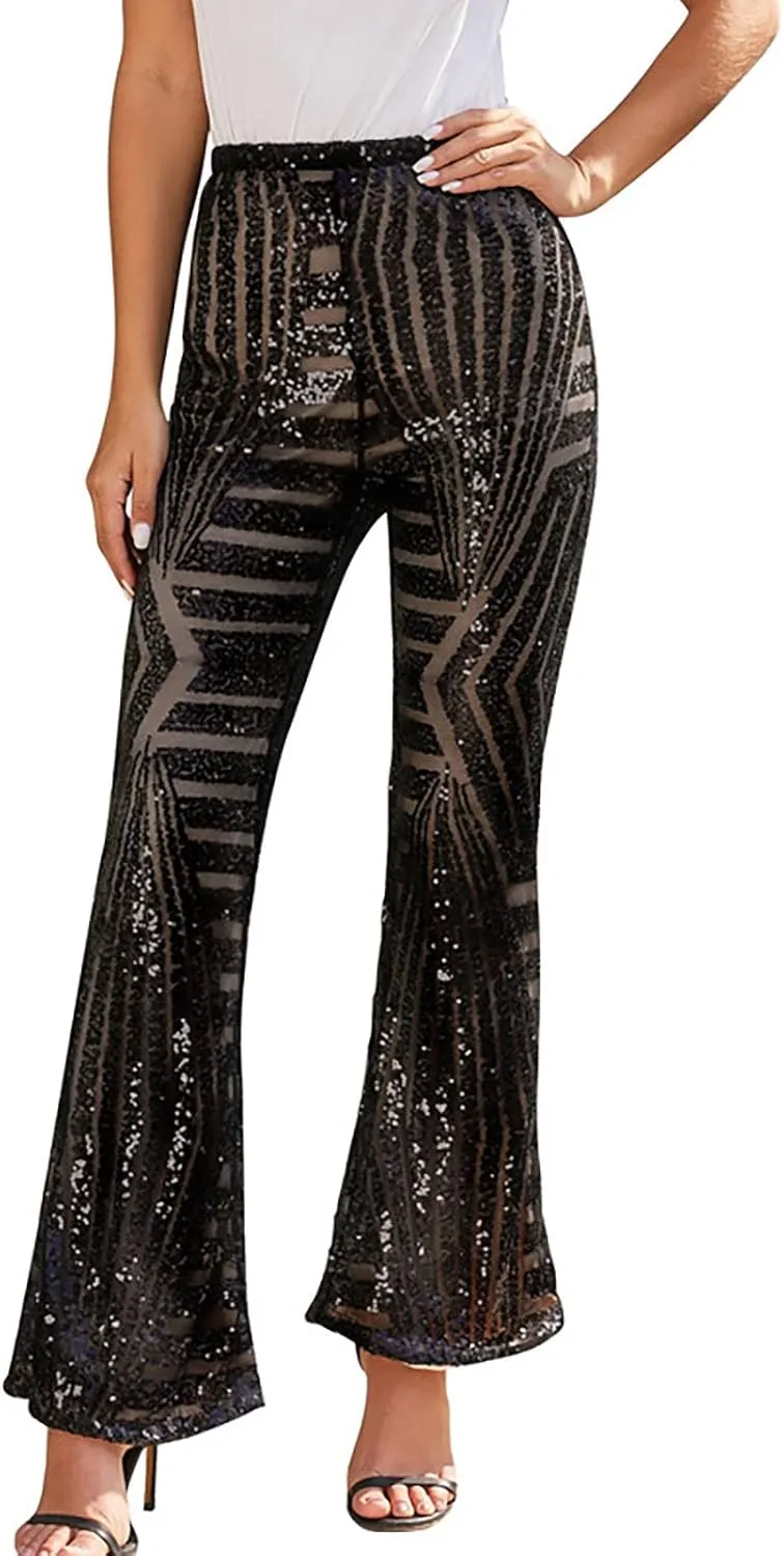 Anjikang Sequin Flare Pants for Women High Waist Wide Leg Straight Party Trousers Trendy Night Club Long Pants with Pockets