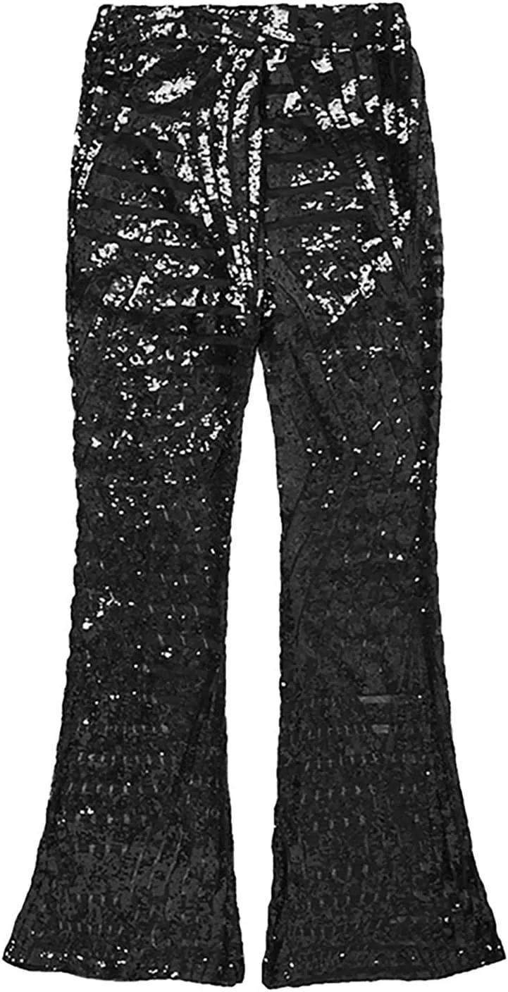 Anjikang Sequin Flare Pants for Women High Waist Wide Leg Straight Party Trousers Trendy Night Club Long Pants with Pockets
