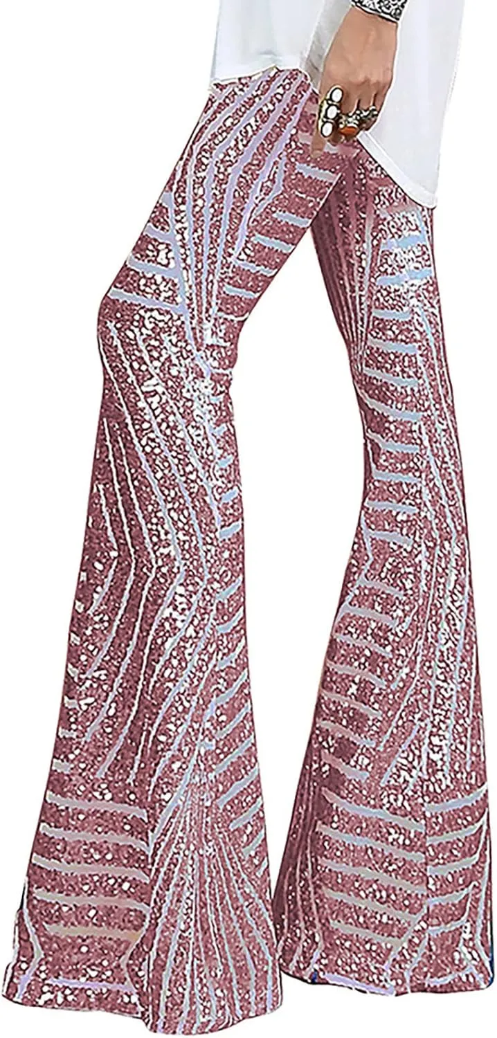 Anjikang Sequin Flare Pants for Women High Waist Wide Leg Straight Party Trousers Trendy Night Club Long Pants with Pockets