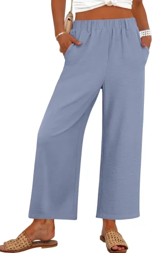 ANRABESS Wide Leg Pants for Women Summer Elastic Waist 2025 Casual Beach Vacation Cropped Palazzo Pants Trousers with Pocket