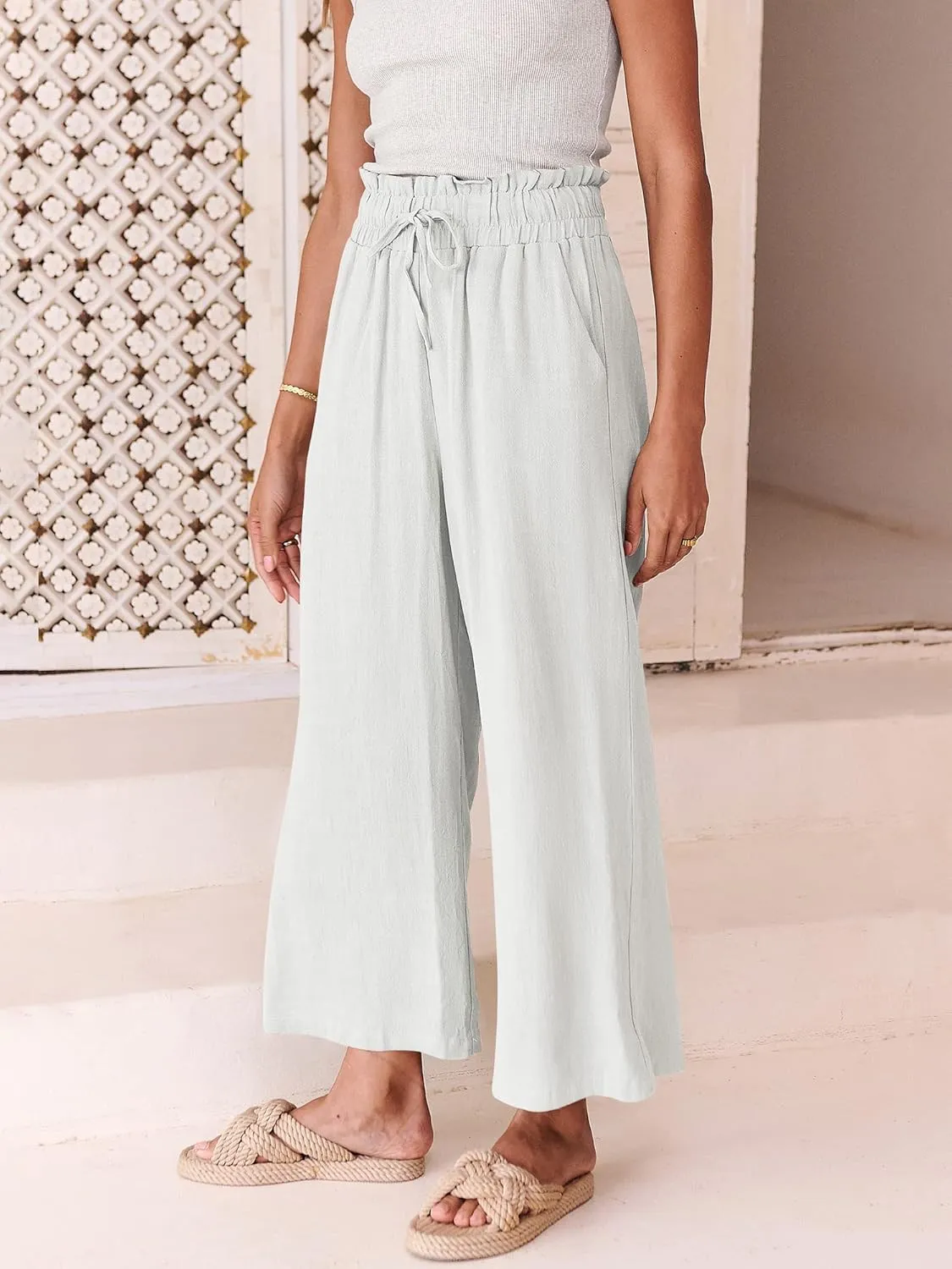 ANRABESS Women Linen Pants Casual Loose High Waist Boho Wide Leg Cropped Palazzo Beach Pants Summer Outfits 2025 Trendy