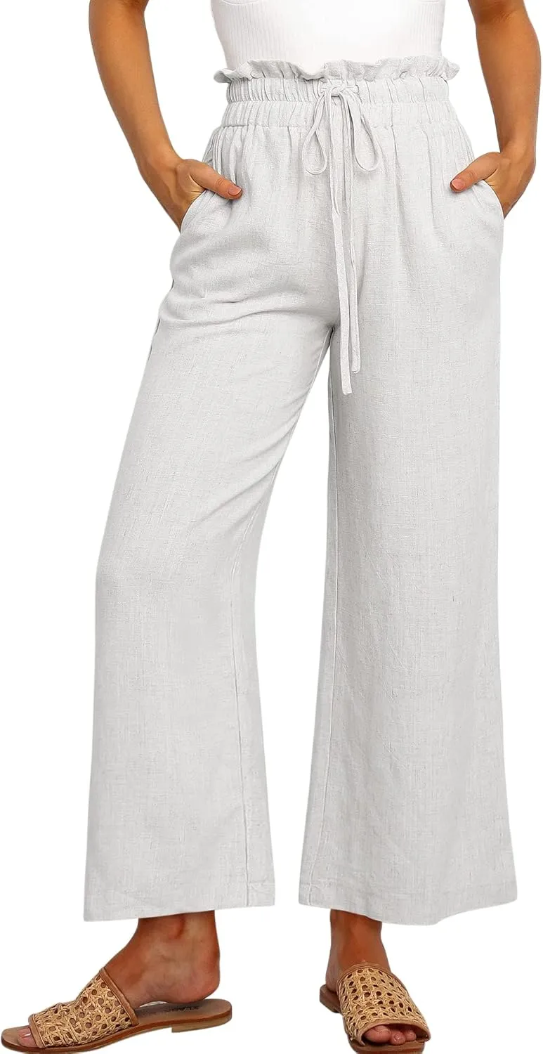 ANRABESS Women Linen Pants Casual Loose High Waist Boho Wide Leg Cropped Palazzo Beach Pants Summer Outfits 2025 Trendy