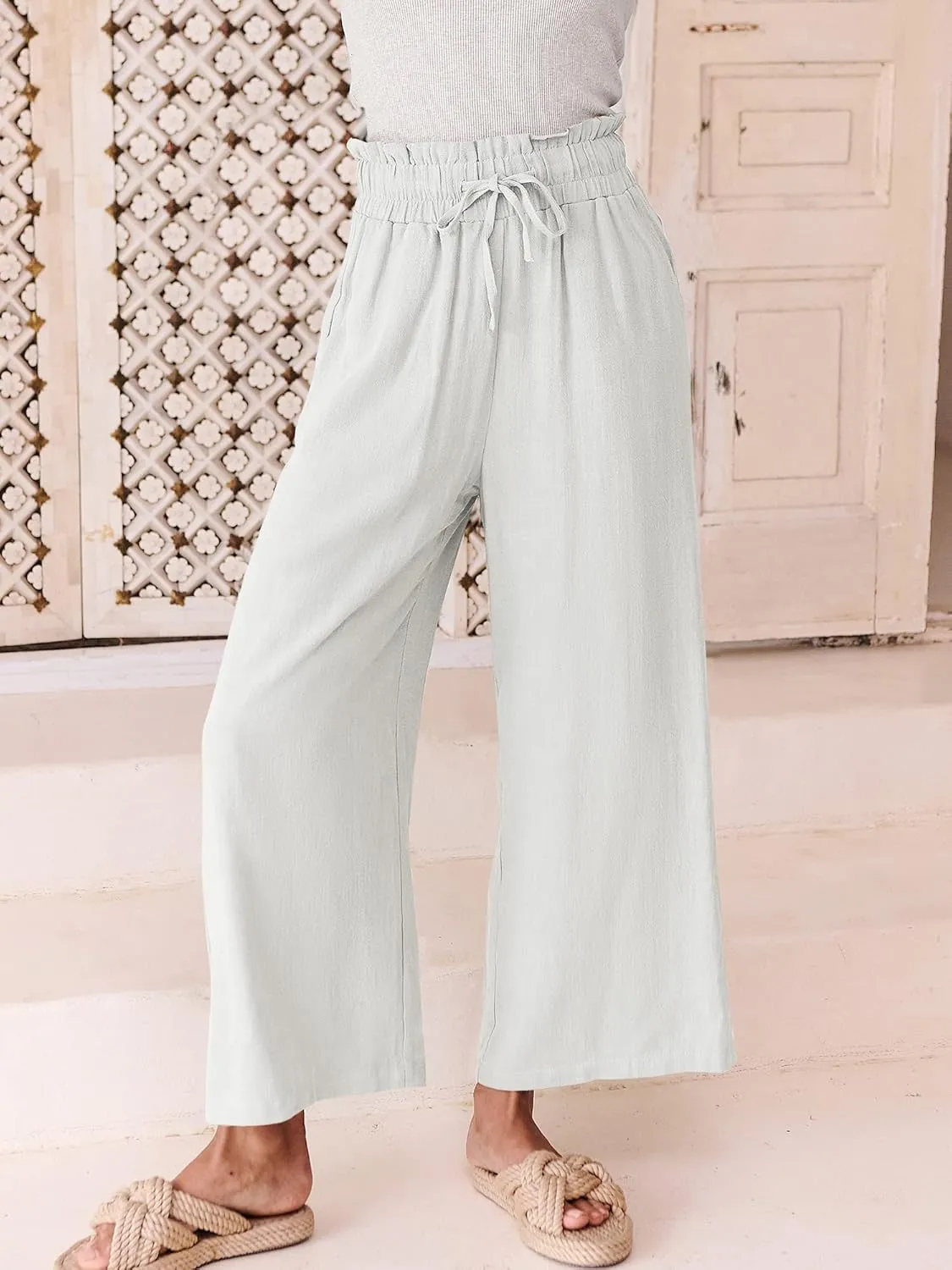 ANRABESS Women Linen Pants Casual Loose High Waist Boho Wide Leg Cropped Palazzo Beach Pants Summer Outfits 2025 Trendy