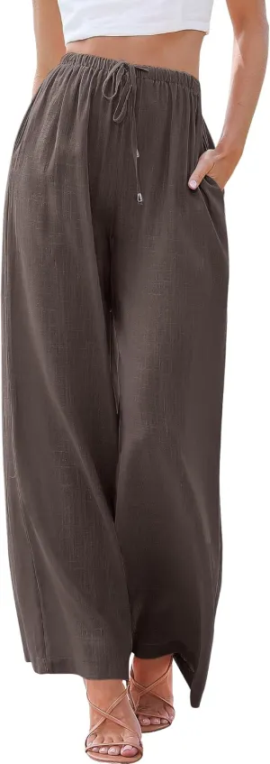 ANRABESS Womens Linen Palazzo Pants Summer Flowy Wide Leg Drawstring Casual Trousers with Pockets Beach Vacation Outfits