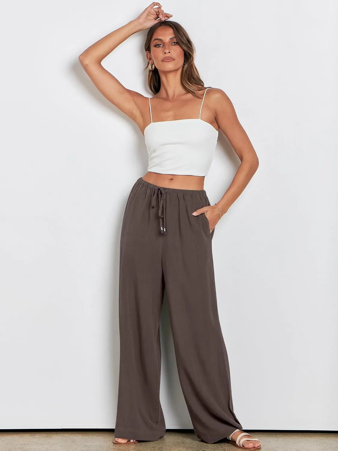ANRABESS Womens Linen Palazzo Pants Summer Flowy Wide Leg Drawstring Casual Trousers with Pockets Beach Vacation Outfits