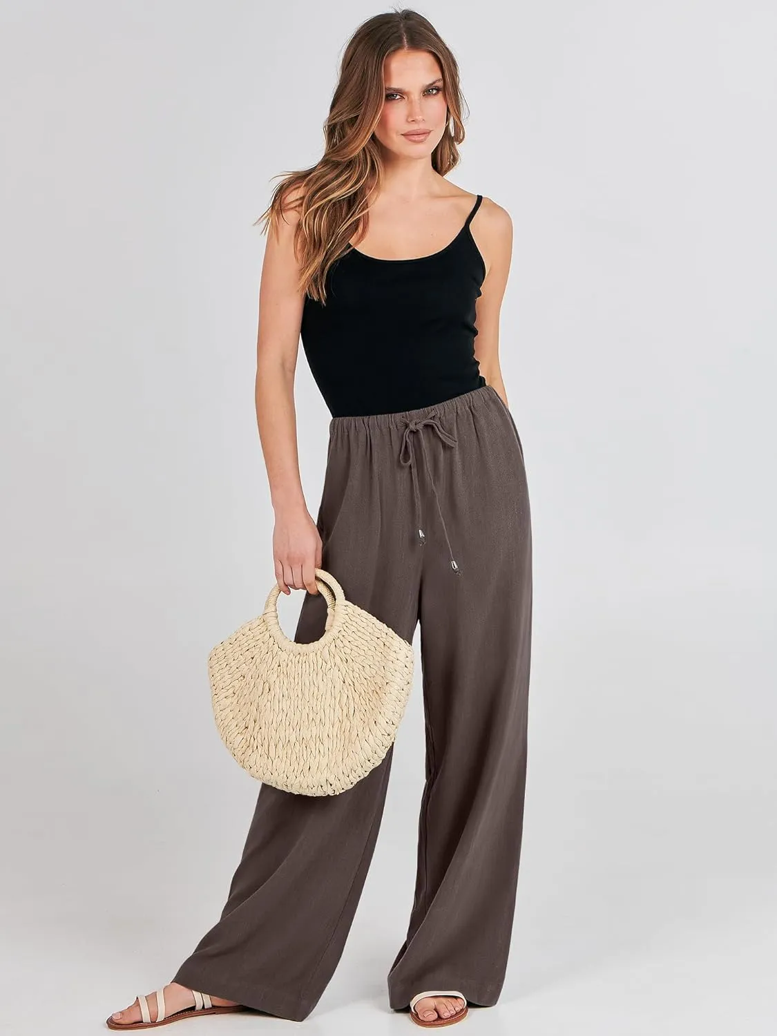 ANRABESS Womens Linen Palazzo Pants Summer Flowy Wide Leg Drawstring Casual Trousers with Pockets Beach Vacation Outfits