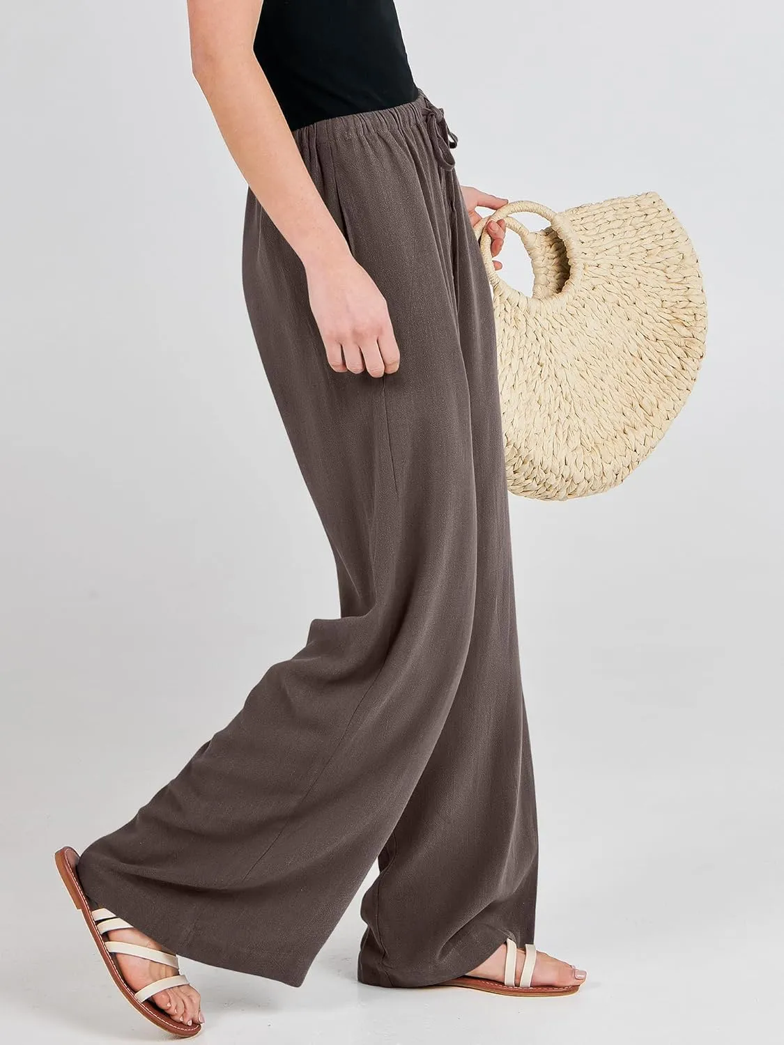 ANRABESS Womens Linen Palazzo Pants Summer Flowy Wide Leg Drawstring Casual Trousers with Pockets Beach Vacation Outfits