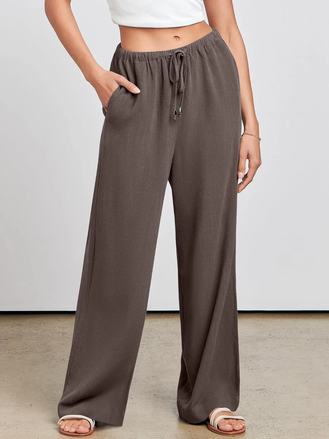 ANRABESS Womens Linen Palazzo Pants Summer Flowy Wide Leg Drawstring Casual Trousers with Pockets Beach Vacation Outfits