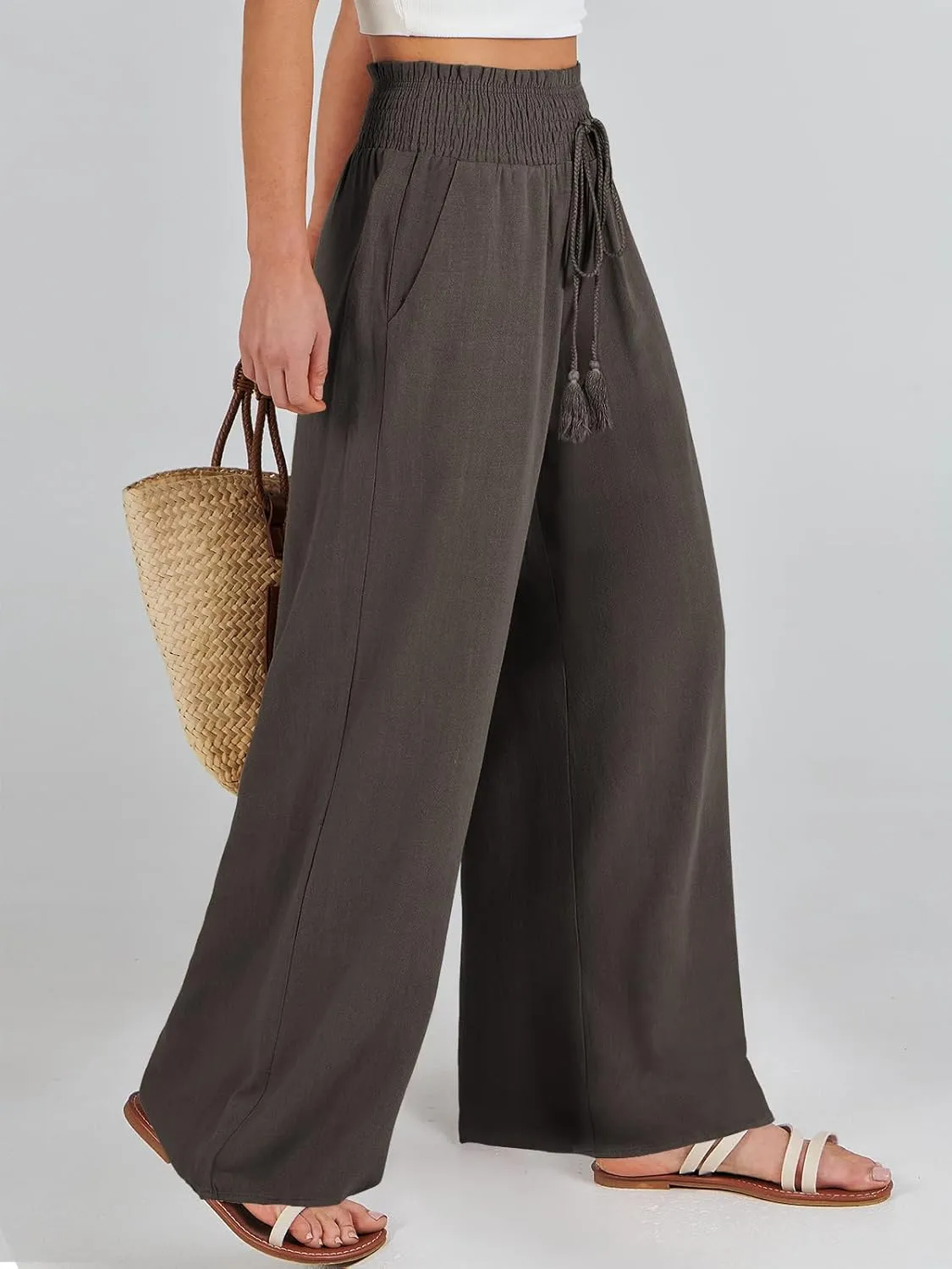 ANRABESS Women's Linen Pants Summer Casual Palazzo Beach Pant Drawstring High Waist Wide Leg Trousers Vacation Outfits