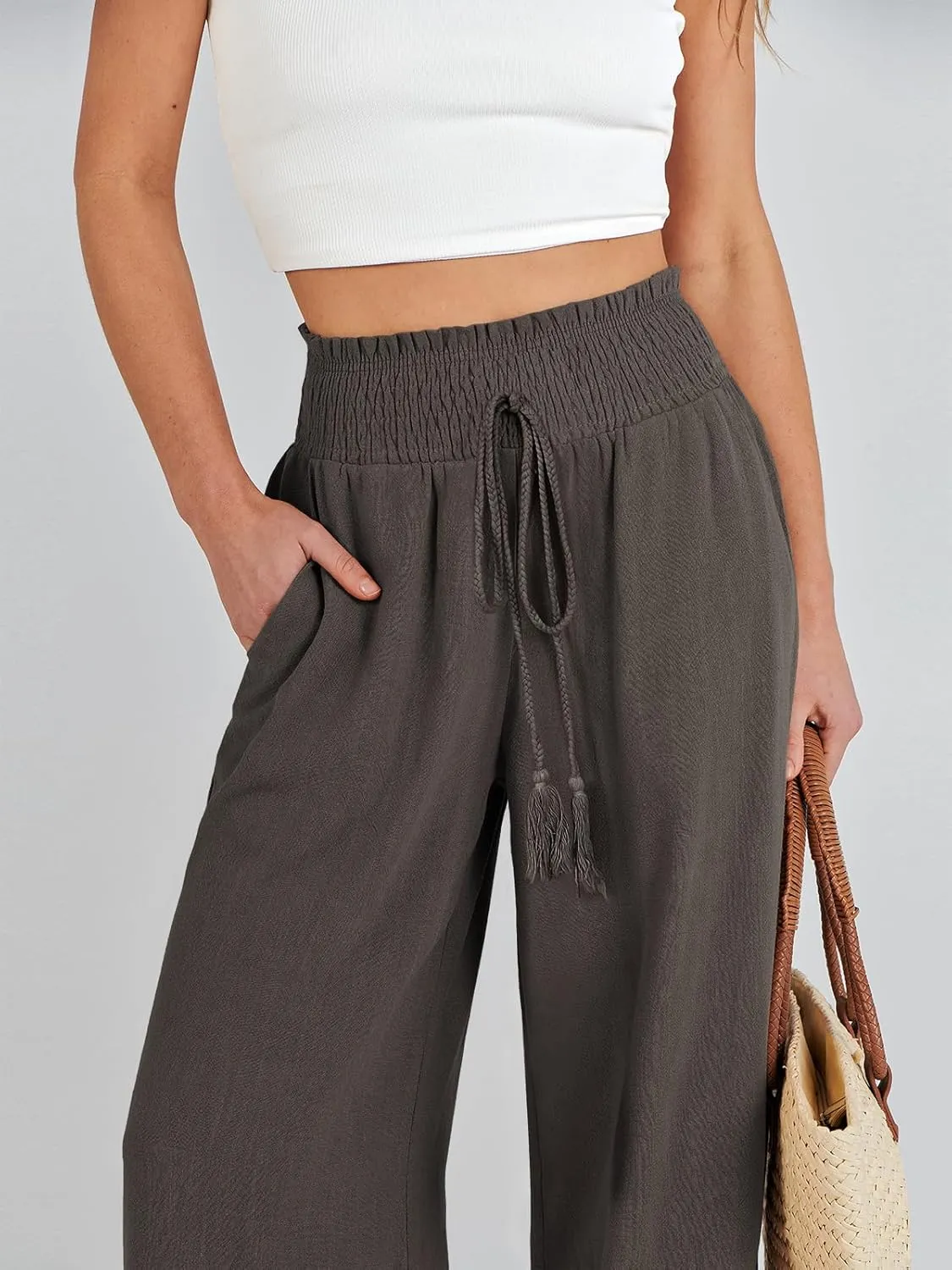ANRABESS Women's Linen Pants Summer Casual Palazzo Beach Pant Drawstring High Waist Wide Leg Trousers Vacation Outfits
