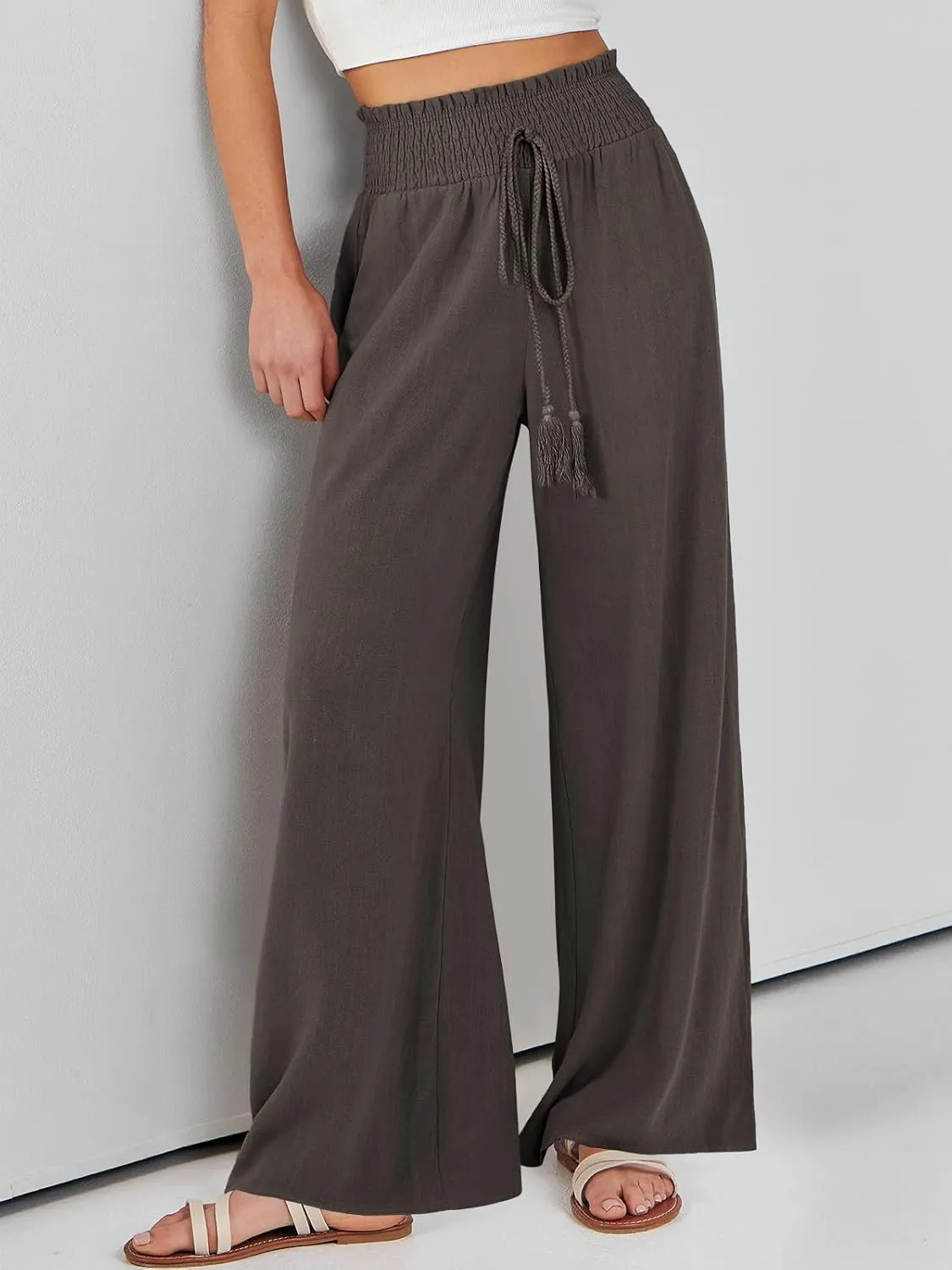 ANRABESS Women's Linen Pants Summer Casual Palazzo Beach Pant Drawstring High Waist Wide Leg Trousers Vacation Outfits