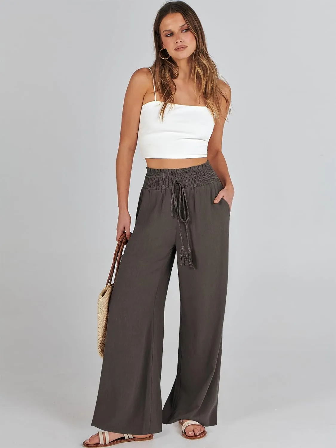 ANRABESS Women's Linen Pants Summer Casual Palazzo Beach Pant Drawstring High Waist Wide Leg Trousers Vacation Outfits