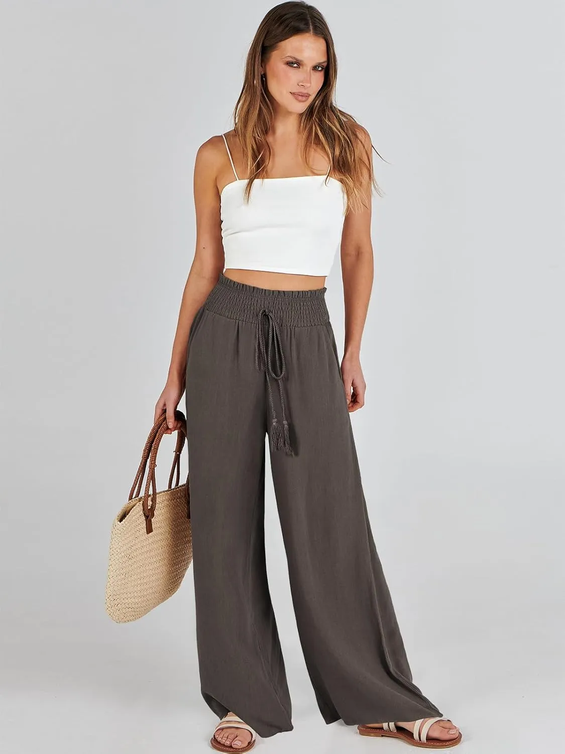 ANRABESS Women's Linen Pants Summer Casual Palazzo Beach Pant Drawstring High Waist Wide Leg Trousers Vacation Outfits