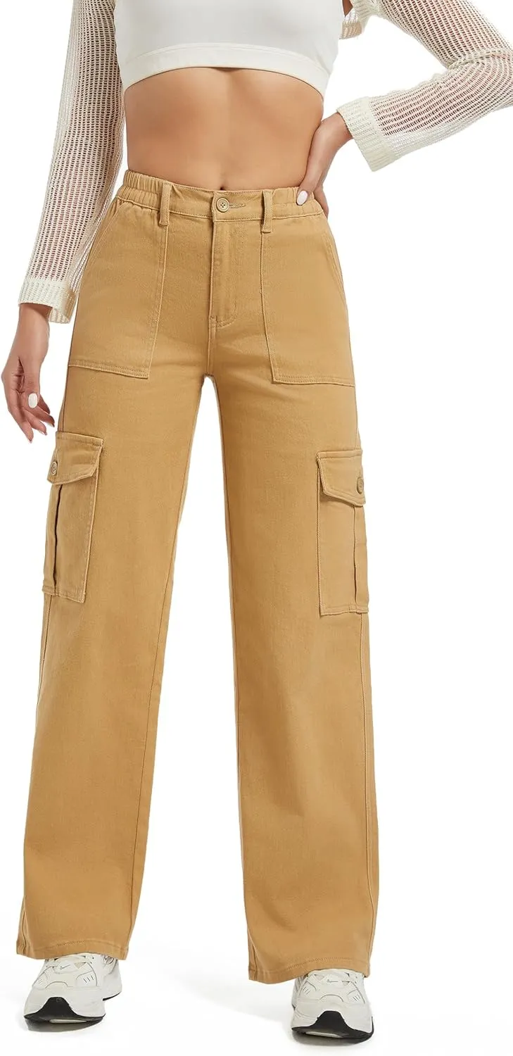 Aodrusa Brown Pants for Women High Waisted Stretch Straight Leg Cargo Pants with Pockets Trendy Trousers