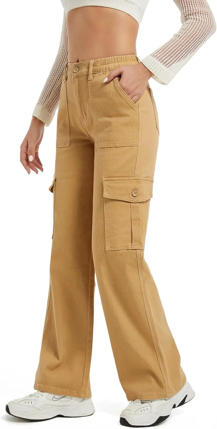 Aodrusa Brown Pants for Women High Waisted Stretch Straight Leg Cargo Pants with Pockets Trendy Trousers