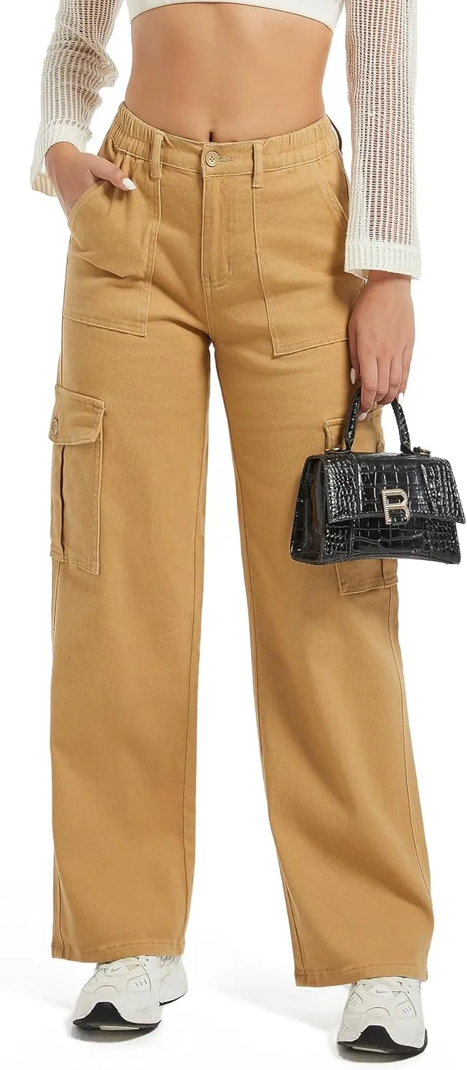 Aodrusa Brown Pants for Women High Waisted Stretch Straight Leg Cargo Pants with Pockets Trendy Trousers