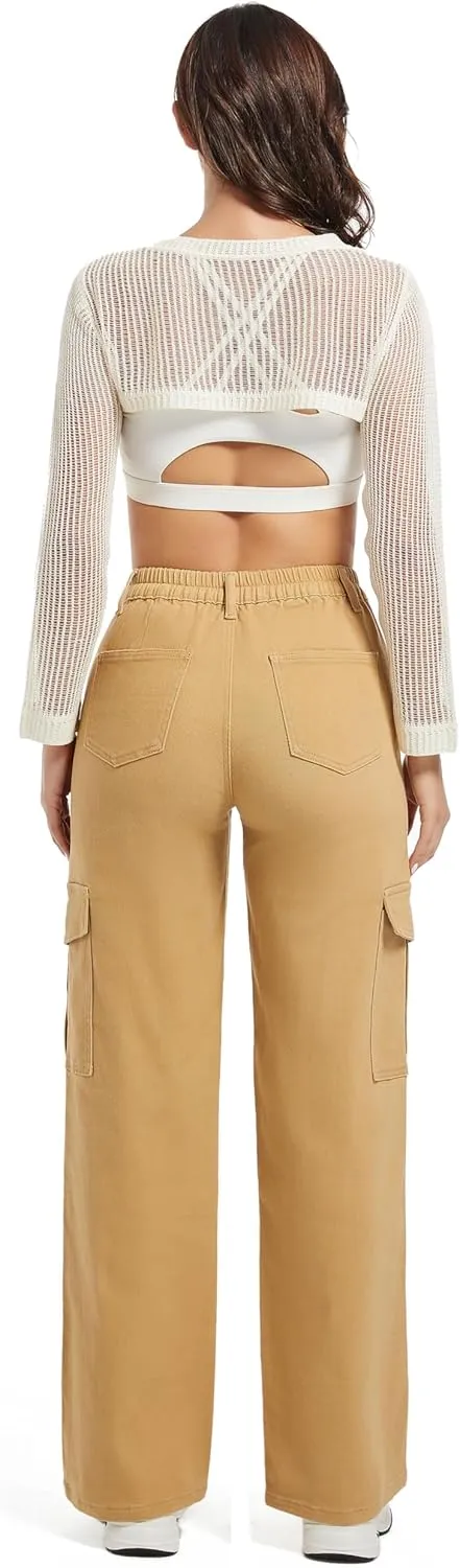 Aodrusa Brown Pants for Women High Waisted Stretch Straight Leg Cargo Pants with Pockets Trendy Trousers
