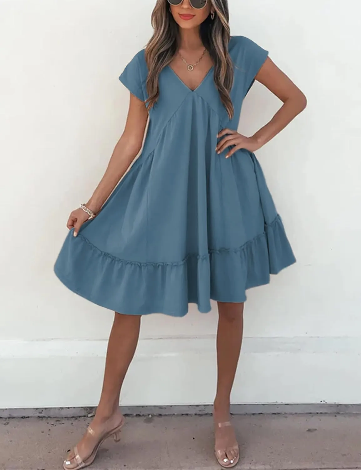 APAFES Women's Elegant Mini Dress A Line V-Neck Ruffle Dress 2025 Summer Fashion Outfits