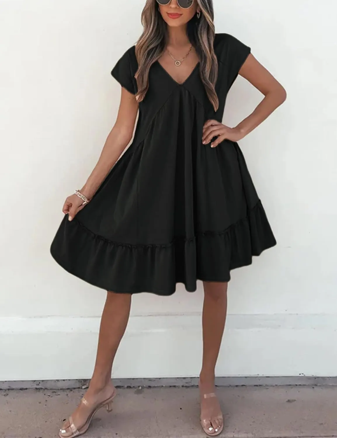 APAFES Women's Elegant Mini Dress A Line V-Neck Ruffle Dress 2025 Summer Fashion Outfits