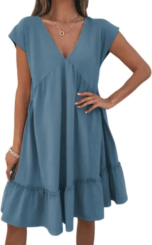 APAFES Women's Elegant Mini Dress A Line V-Neck Ruffle Dress 2025 Summer Fashion Outfits