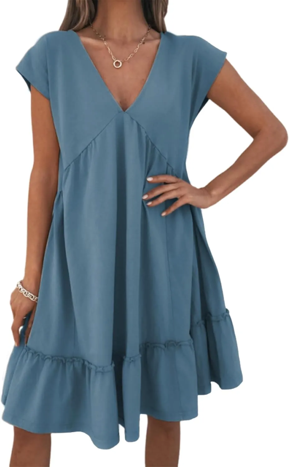 APAFES Women's Elegant Mini Dress A Line V-Neck Ruffle Dress 2025 Summer Fashion Outfits