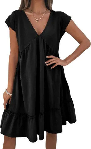 APAFES Women's Elegant Mini Dress A Line V-Neck Ruffle Dress 2025 Summer Fashion Outfits
