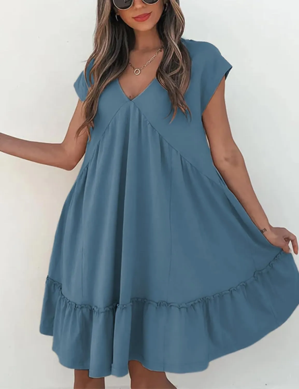 APAFES Women's Elegant Mini Dress A Line V-Neck Ruffle Dress 2025 Summer Fashion Outfits