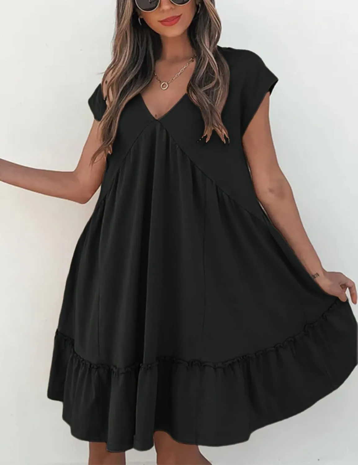 APAFES Women's Elegant Mini Dress A Line V-Neck Ruffle Dress 2025 Summer Fashion Outfits