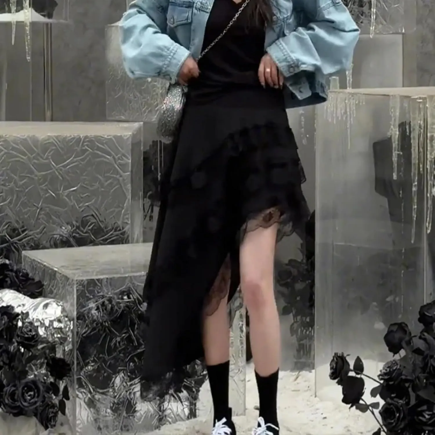 Asymmetrical Long Skirt Women Spliced Lace High Waisted Folds A Line Skirts Female Streetwear