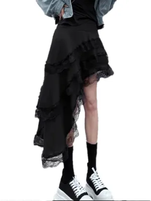 Asymmetrical Long Skirt Women Spliced Lace High Waisted Folds A Line Skirts Female Streetwear