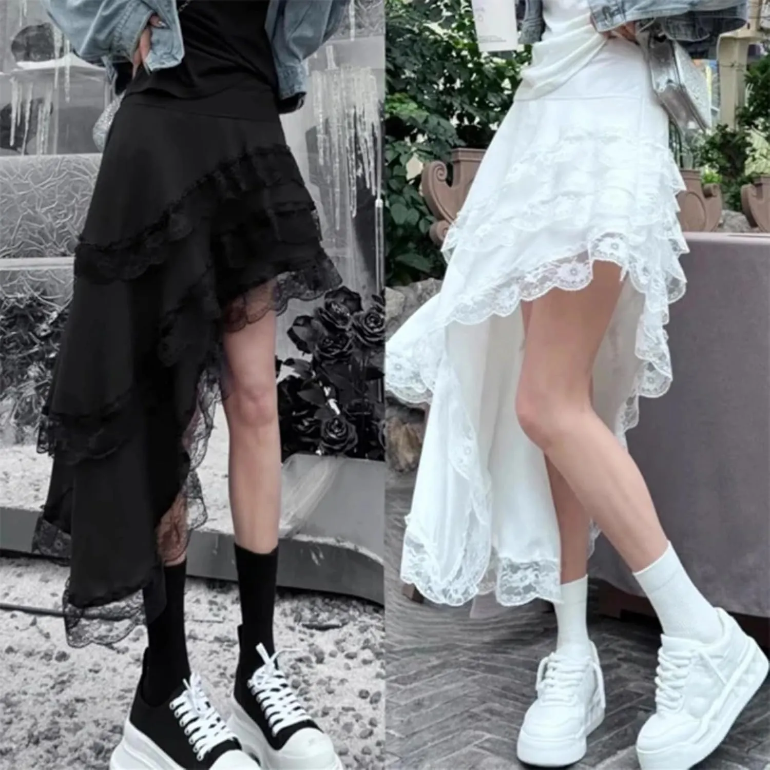 Asymmetrical Long Skirt Women Spliced Lace High Waisted Folds A Line Skirts Female Streetwear