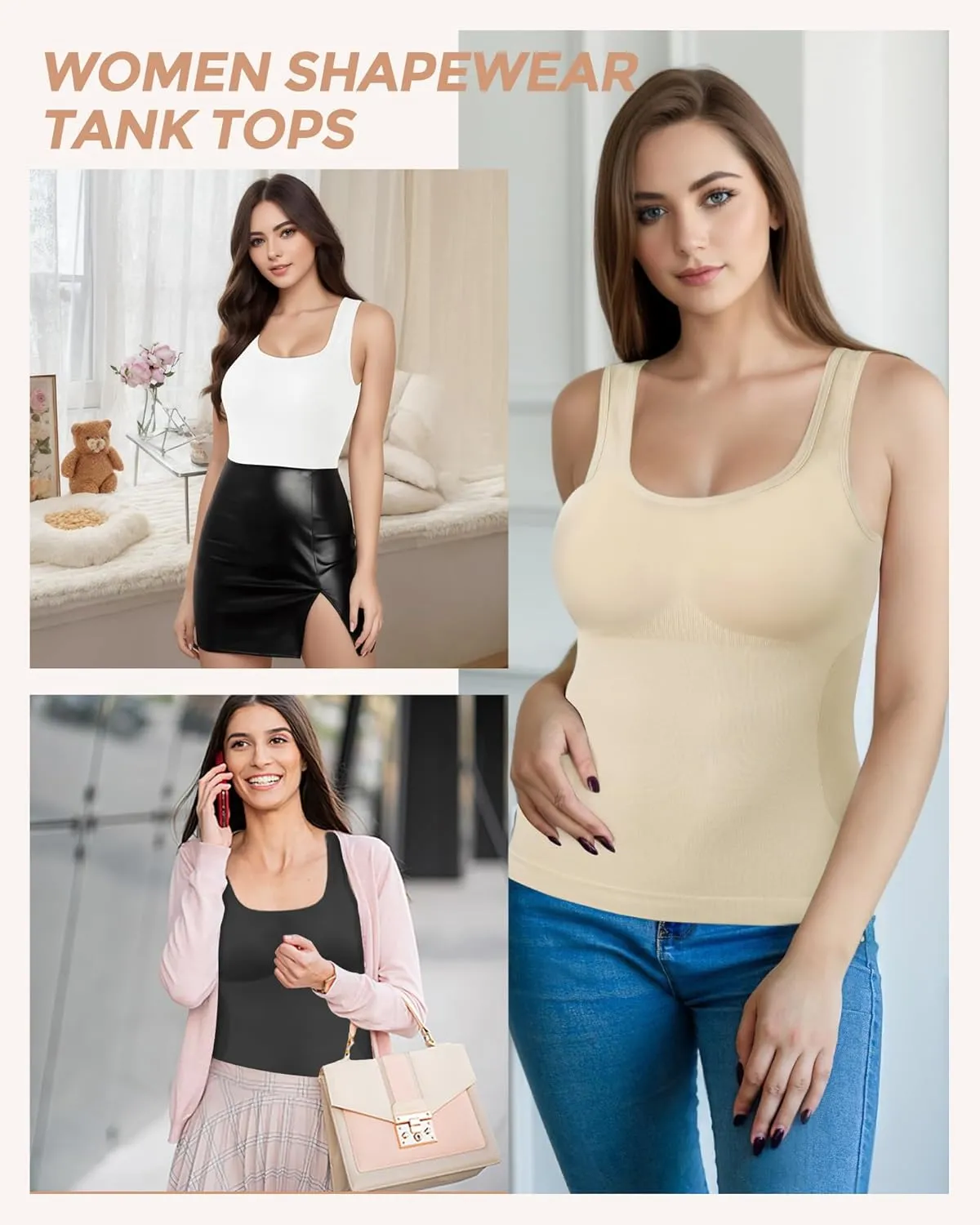 AURUZA 2PCS Women's Shapewear Tummy Control U Neck Camisole Tops for Women Seamless Compression Tank Top Regular Plus Size