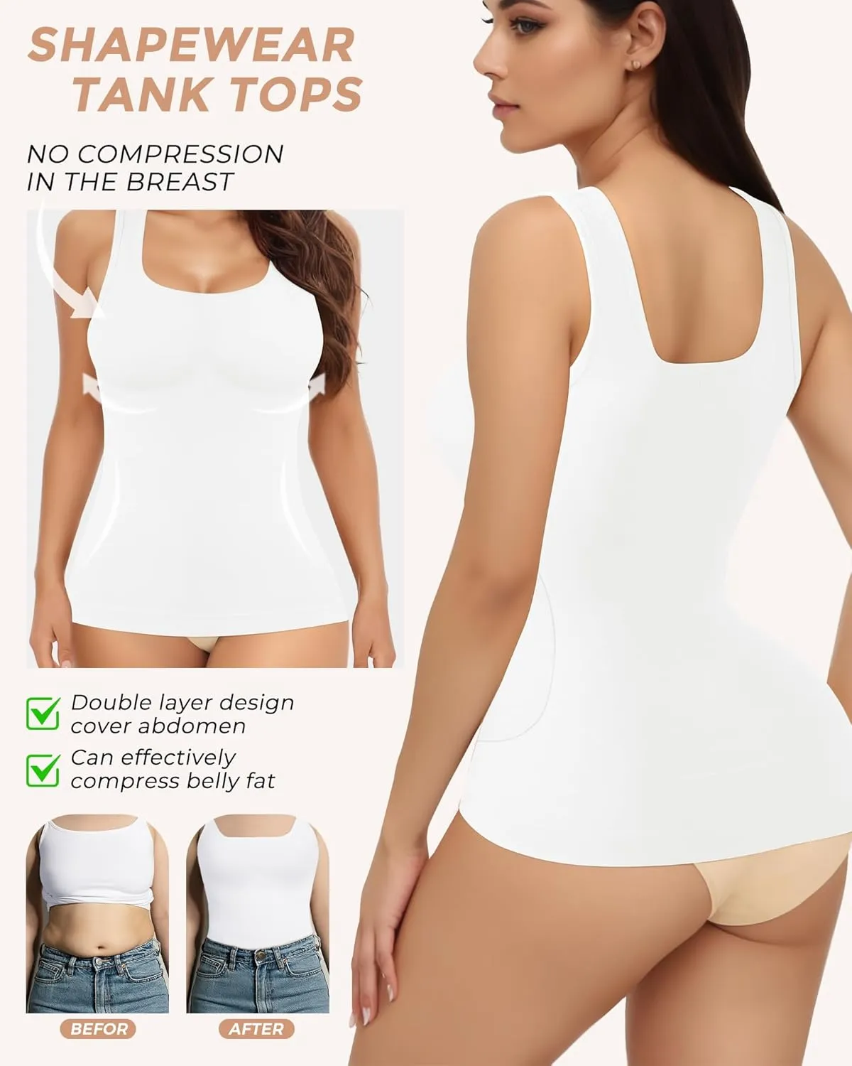 AURUZA 2PCS Women's Shapewear Tummy Control U Neck Camisole Tops for Women Seamless Compression Tank Top Regular Plus Size