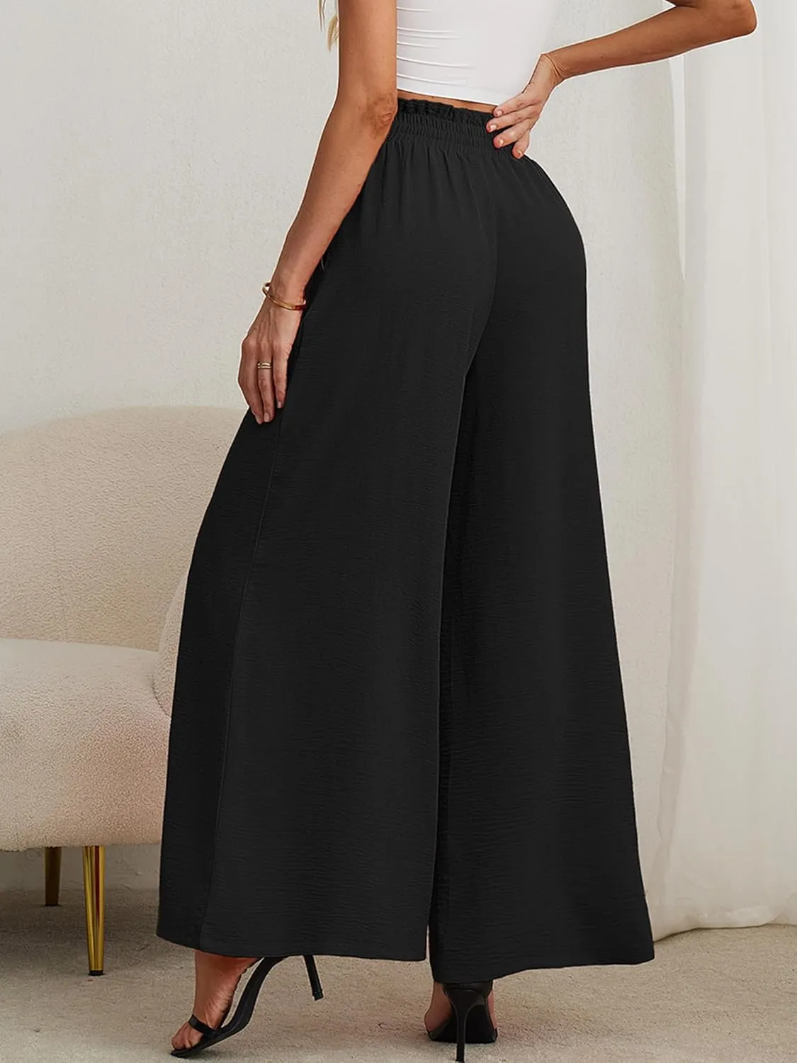 AusLook Women's Wide Leg Dress Pants with Pockets Lightweight High Waisted Adjustable Tie Knot Loose Lounge Trousers