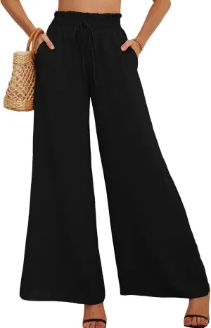 AusLook Women's Wide Leg Dress Pants with Pockets Lightweight High Waisted Adjustable Tie Knot Loose Lounge Trousers