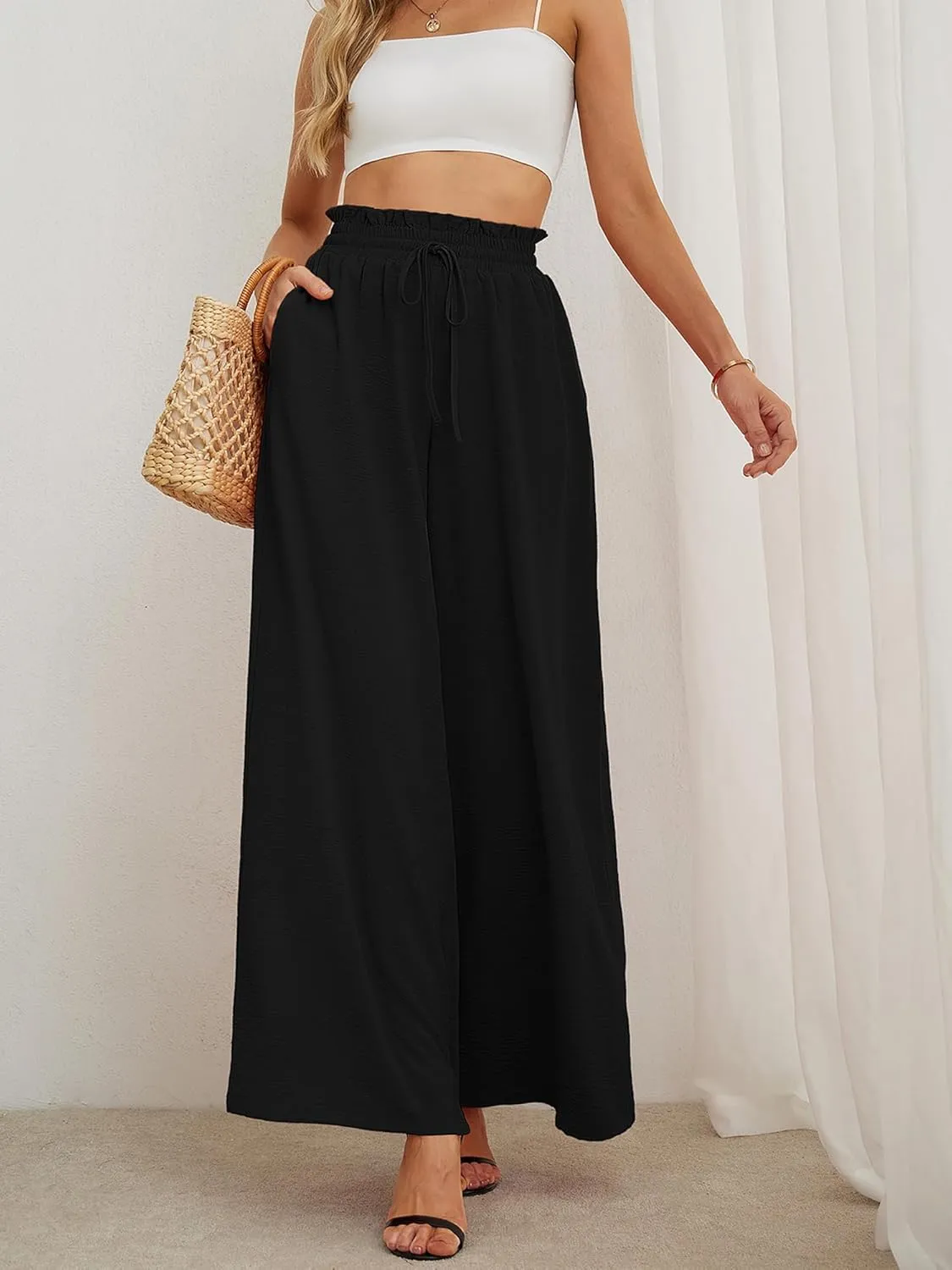 AusLook Women's Wide Leg Dress Pants with Pockets Lightweight High Waisted Adjustable Tie Knot Loose Lounge Trousers
