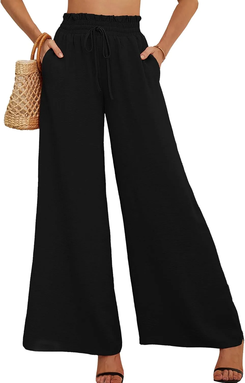 AusLook Women's Wide Leg Dress Pants with Pockets Lightweight High Waisted Adjustable Tie Knot Loose Lounge Trousers