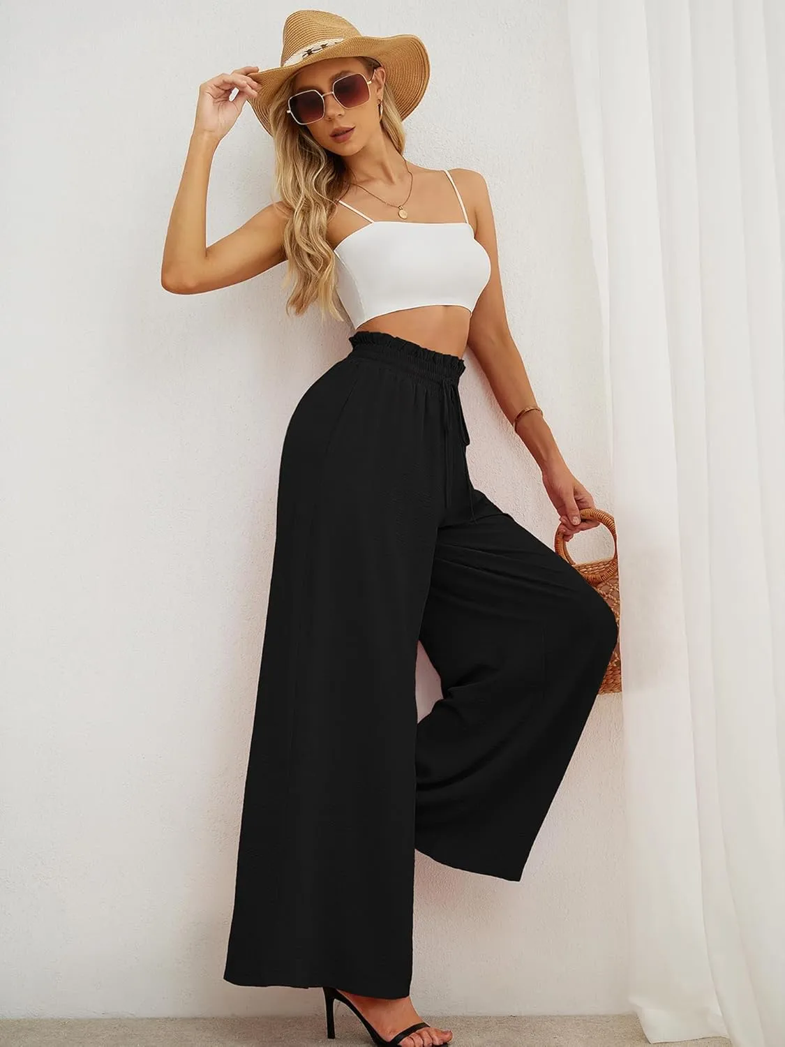 AusLook Women's Wide Leg Dress Pants with Pockets Lightweight High Waisted Adjustable Tie Knot Loose Lounge Trousers