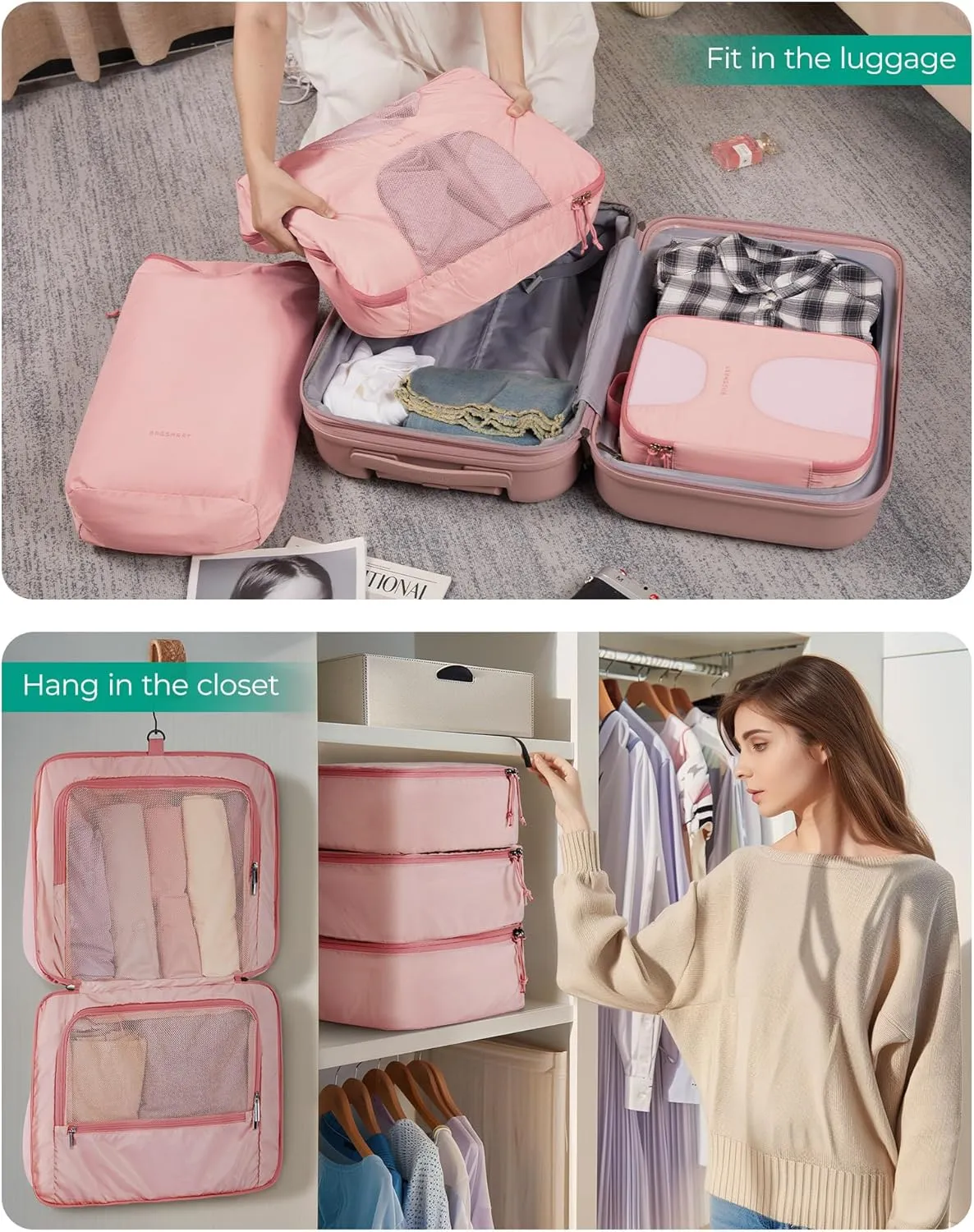 BAGSMART Hanging Travel Packing Cubes, 6 Set Large Travel Cubes for Women Cruise Ship Essentials, Suitcase Organizers