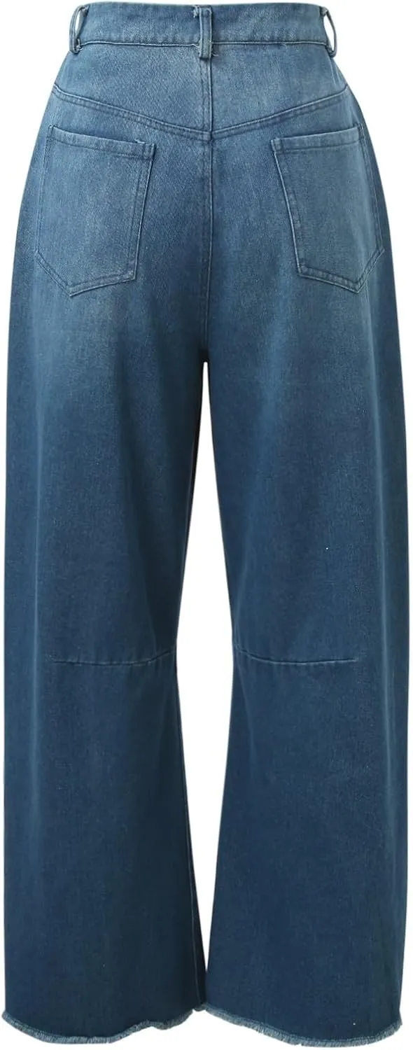 Barrel Jeans for Women Stretchy Trendy High Waisted Baggy Denim Trouser Y2K Wide Leg Boyfriend Streetwear Ankle Pants