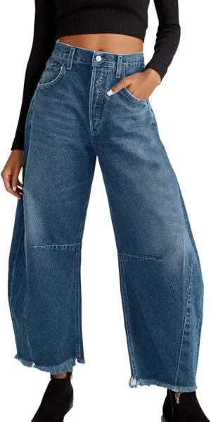 Barrel Jeans for Women Stretchy Trendy High Waisted Baggy Denim Trouser Y2K Wide Leg Boyfriend Streetwear Ankle Pants