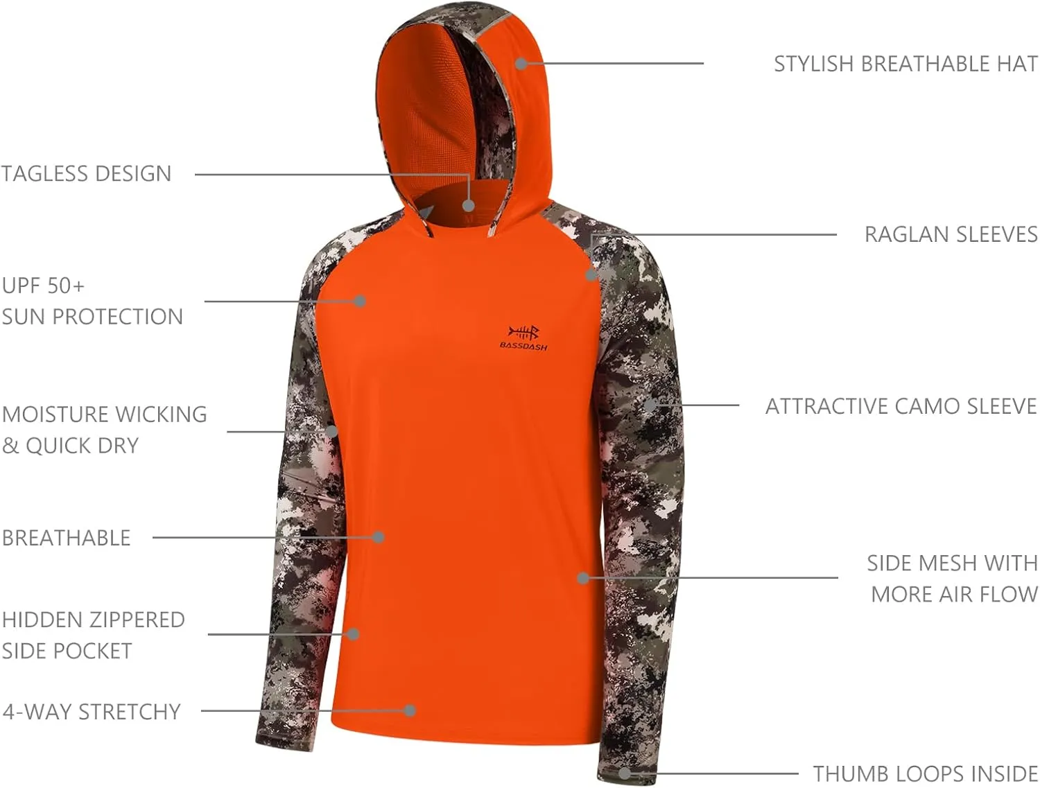 BASSDASH Mens UPF 50 Performance Fishing Shirt Cooling Hoodie Camo Long Sleeve FS17M