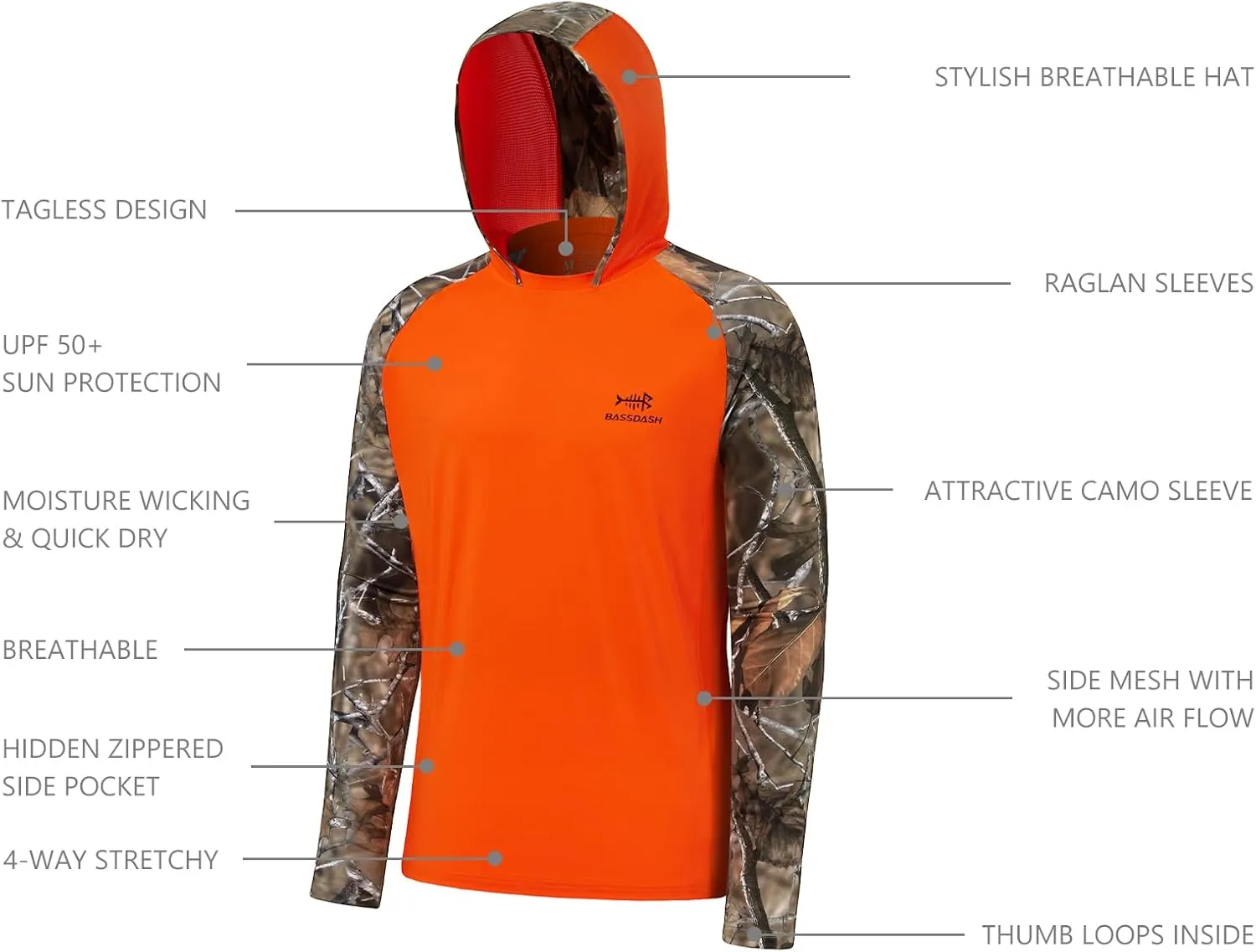 BASSDASH Mens UPF 50 Performance Fishing Shirt Cooling Hoodie Camo Long Sleeve FS17M