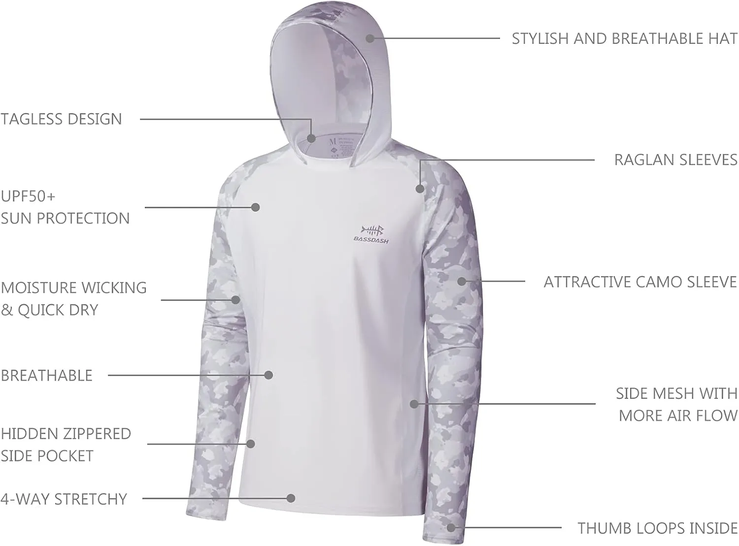 BASSDASH Mens UPF 50 Performance Fishing Shirt Cooling Hoodie Camo Long Sleeve FS17M