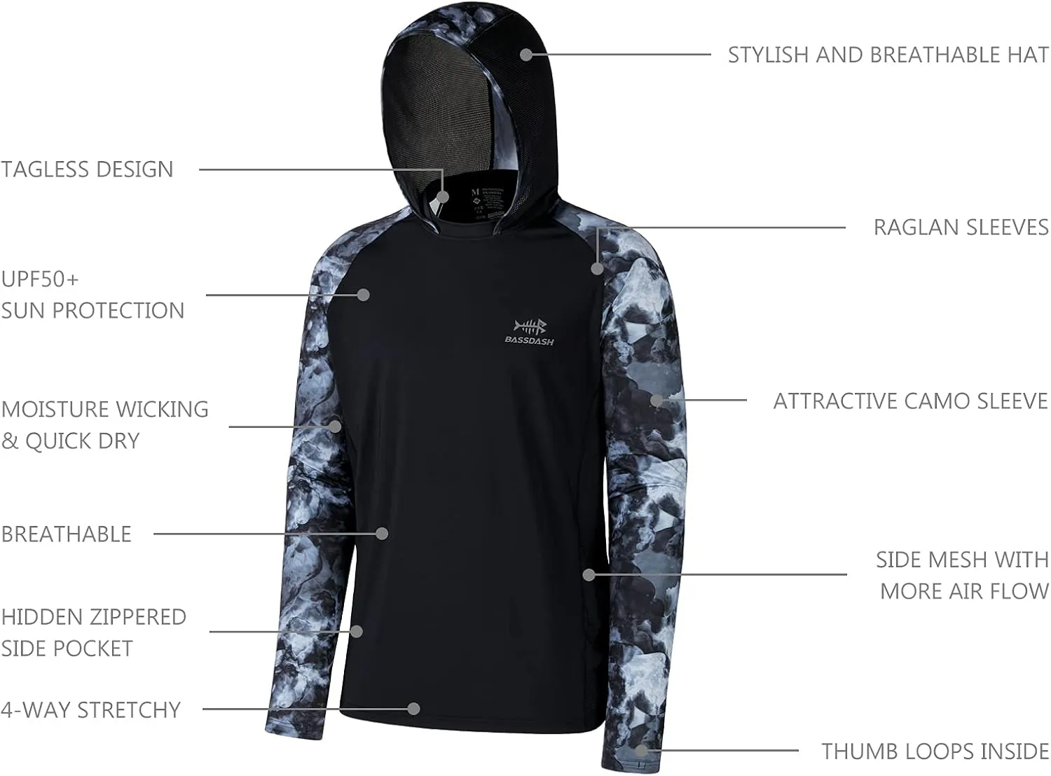 BASSDASH Mens UPF 50 Performance Fishing Shirt Cooling Hoodie Camo Long Sleeve FS17M