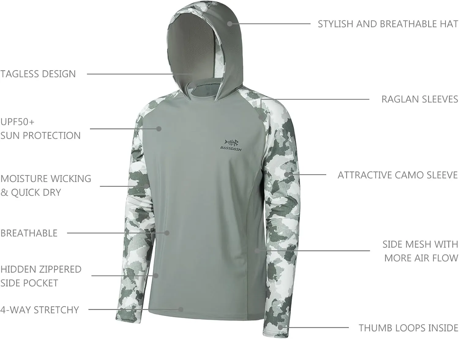BASSDASH Mens UPF 50 Performance Fishing Shirt Cooling Hoodie Camo Long Sleeve FS17M