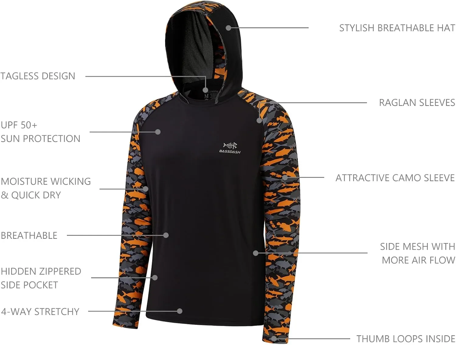 BASSDASH Mens UPF 50 Performance Fishing Shirt Cooling Hoodie Camo Long Sleeve FS17M