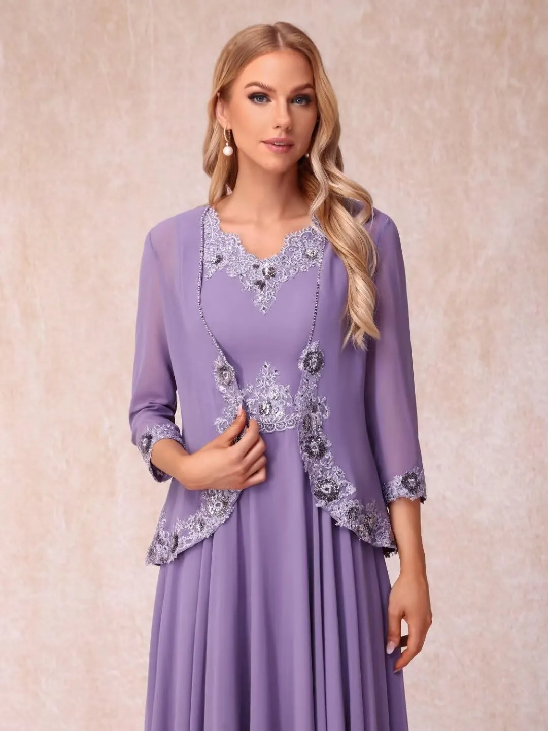 Beaded 3/4 Sleeve Mother of The Bride Dresses with Pockets 2 Piece Formal Gowns with Jacket YMS244