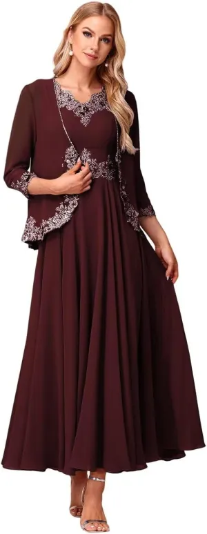 Beaded 3/4 Sleeve Mother of The Bride Dresses with Pockets 2 Piece Formal Gowns with Jacket YMS244