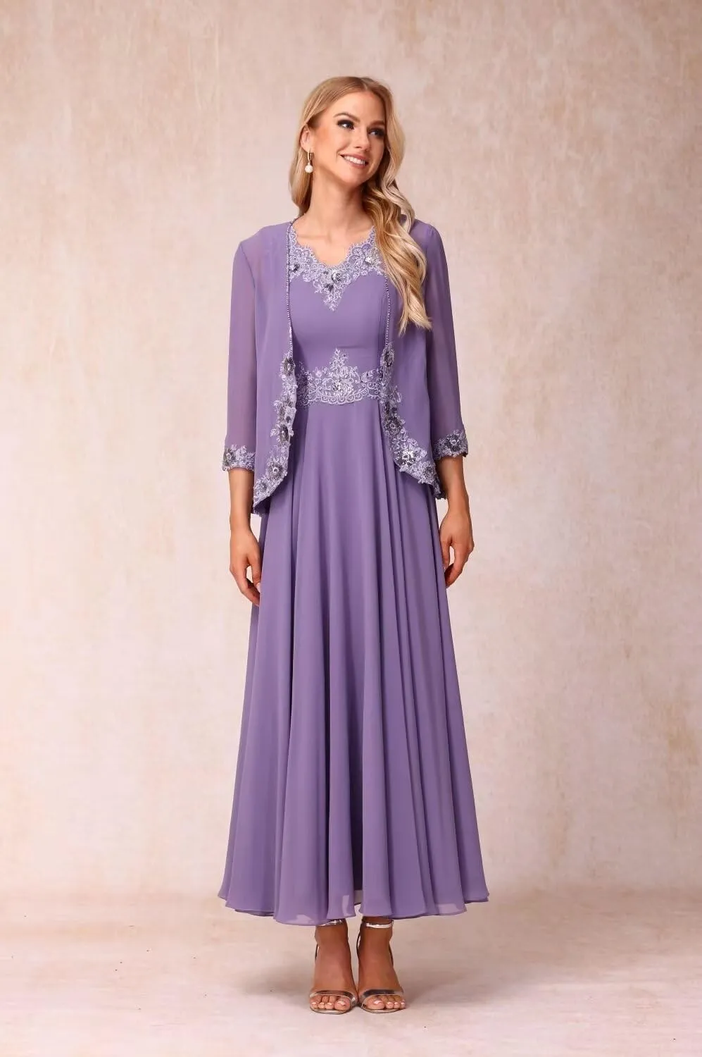 Beaded 3/4 Sleeve Mother of The Bride Dresses with Pockets 2 Piece Formal Gowns with Jacket YMS244